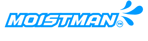 Moistman logo with blue text and droplet icon on a white background